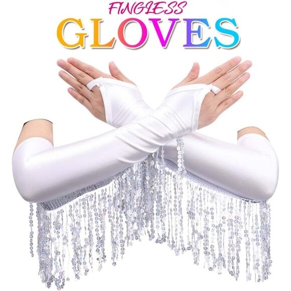 Long Satin Fingerless Gloves Sequin Tassel Elbow Length Wedding Halloween - Picture 3 of 7